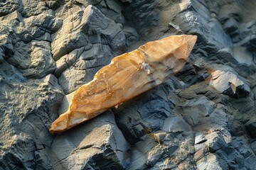 A slice of bread sits atop a pile of rocks, offering a snack in a natural setting