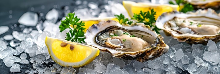 Wall Mural - Fresh oysters on ice with lemon slices and parsley on a dark background. Ideal for gourmet seafood presentations and culinary delights