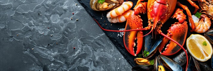 Wall Mural - Gourmet seafood arrangement featuring lobster, shrimp, mussels, and oysters on a slate board. Ideal for high-end dining and culinary photography