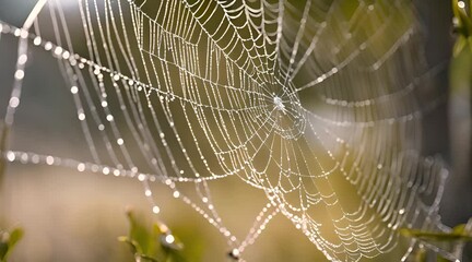 Delicate beauty of a spiderweb adorned with morning dew