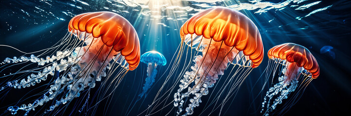 Three vibrant orange jellyfish floating in the deep blue ocean, with sunlight streaming down from above.