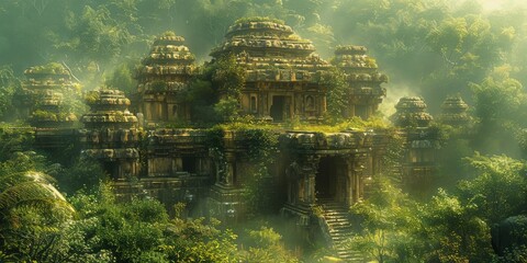 Wall Mural - Pixelated image of an old temple in a forest, blending nature and artistry