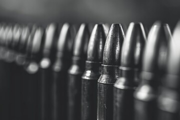 Poster - A close-up shot of a row of bullet heads, useful for conceptual or abstract illustrations