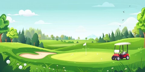 Wall Mural - A golf course scene with a golf cart parked on the green, ideal for use in sports-related or leisure-themed content