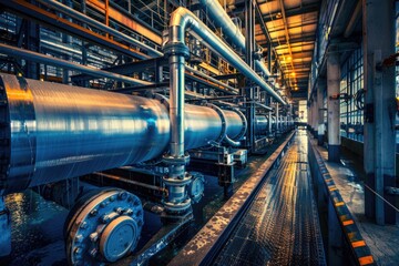 Poster - A picture of pipes and valves inside a large industrial building