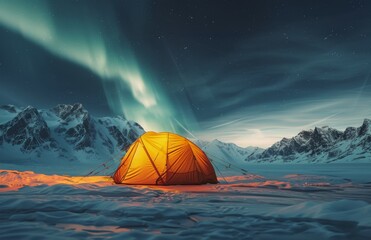 Wall Mural - A Lone Tent Under the Northern Lights in a Snowy Mountain Valley