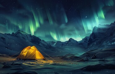 Wall Mural - A Lone Tent Under the Northern Lights in a Snowy Mountain Valley