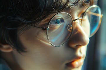 Detailed shot of a person wearing stylish glasses, showcasing intricate details and reflections