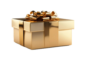 Golden gift box isolated on transparent background cutout