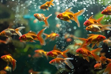 Wall Mural - Dynamic aquarium with colorful swimming fish.