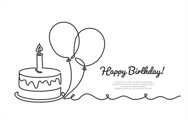 Wall Mural - Birthday cake in continuous line art drawing style. Traditional birthday cake with candle on the top minimalist black linear sketch isolated on white background. Vector illustration