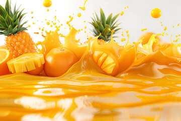 Wall Mural - Orange, pineapple, mango fruit juices liquid 3D splash mix. Healthy fruits juice or smoothie splash label ad banner design with orange, pineapple, mango fruits and juice splash wave isolated on white