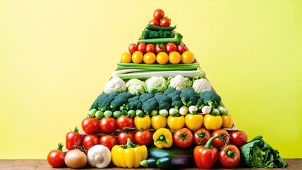 Wall Mural - Various vegetables in shape of pyramid on green background.