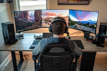 A person sitting at a desk with two monitors, typing away