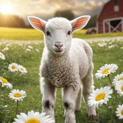 White sheep on green grass floral meadow