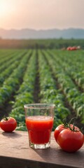 Wall Mural - Fresh tomatoes and juice on table, field in background. Harvesting vegetables