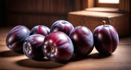 Wall Mural - Fresh purple plum fruits on dark wooden table.