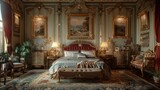 a luxurious neoclassical bedroom adorned with ornate furniture and traditional artwork, blending historical touches with opulent interior design