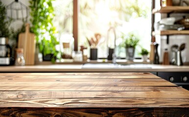 Wall Mural - Empty wooden table top with blurred kitchen interior background 
