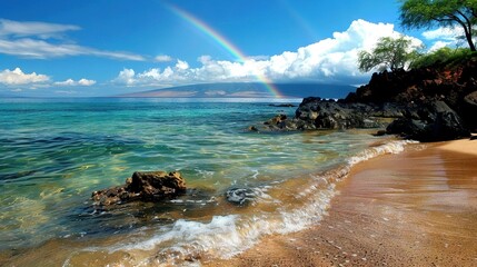 Wall Mural -   A vibrant rainbow arches above a tranquil body of water, framed by a serene beach in the foreground and a towering rock outcropping in the background
