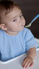 Wall Mural - Sweet kid in blue shirt sits at feeding table. Mother giving a full spoon to her child. Close up. Blurred backdrop. Vertical video