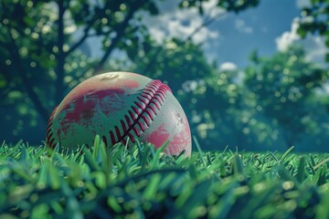 Wall Mural - A baseball sits on a lush green field