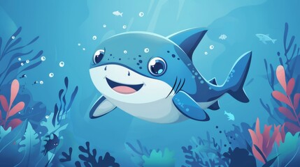 Wall Mural - underwater cartoon illustration, cute and playful blue shark cartoon swimming in a simple ocean scene, ideal for kids underwater design