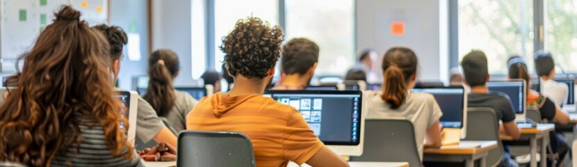 Canvas Print - A classroom of students sitting at desks with laptops. Generative AI.