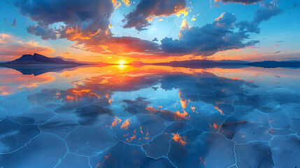 Wall Mural - A nature salt flat during sunset, the sky ablaze with colors, and the surface reflecting the hues