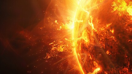 Poster - Massive solar flare bursting from the sun's surface with fiery streams of plasma. The powerful solar activity highlights the sun's dynamic and ever-changing nature