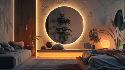 Wall Mural - Bedroom interior with a large round illuminated mirror, minimalist works of art creating a cozy atmosphere. Stylish little things in bedroom design.