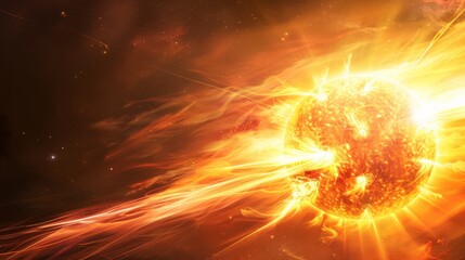 Poster - Bright solar flare erupting from the sun with streams of plasma and intense light. Illustrating the sun's powerful magnetic storms and solar dynamics