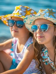 Canvas Print - Two girls wearing hats and sunglasses sitting on a beach. Generative AI.