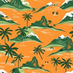 An orange and green pattern with palm trees, mountains and grassy hills