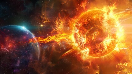Poster - Spectacular solar flare with intense fiery plasma bursts and bright explosions. Illustrates the powerful energy and dynamic processes on the sun's surface