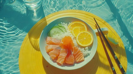 Sticker -   A bowl of salmon, rice, and cucumbers with chopsticks on a yellow plate next to a pool