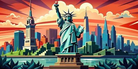 Statue of Liberty holding torch with skyline - A dynamic view of the Statue of Liberty holding a torch against a colorful cityscape backdrop