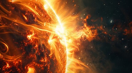 Poster - Close-up of a powerful solar flare and magnetic storm on the sun's surface. Illustration of sun's magnetic activity and effects on Earth's geomagnetic conditions