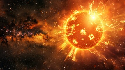Poster - Stunning solar eruption with intense flares and magnetic storms. Vivid depiction of the sun's explosive activity and its impact on Earth's geomagnetic environment
