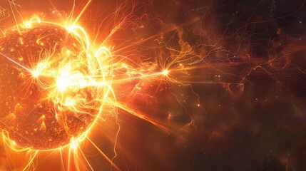 Poster - Intense solar activity with flares and magnetic storms on the sun's surface. Illustration of solar storms' effects on Earth's geomagnetic environment