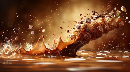 Wall Mural -   A chocolate cake falling into water splashes chocolate on top