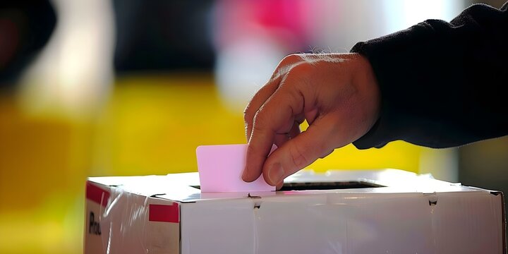 A man's hand casting a vote placing a voting card in a ballot box. Concept Voting, Election, Civic Duty, Democracy, Ballot Box