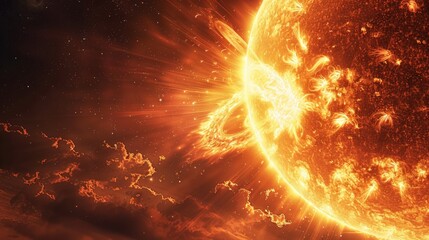 Poster - Massive solar flare and sunspot activity illuminating the cosmos with fiery brilliance. An impressive look at the sun's dynamic and volatile surface.