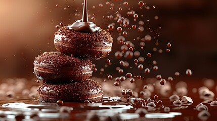 Canvas Print -  Donuts piled on a chocolate-frosted, sprinkle-covered table