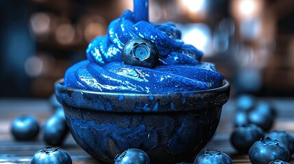 Canvas Print -   A blue bowl rests atop a wooden table, brimming with blue balls and perched atop is a blue bird figurine