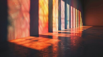Wall Mural - in art of A row of spotlights illuminates a vibrant pop art installation casting long shadows across the polished concrete floor 