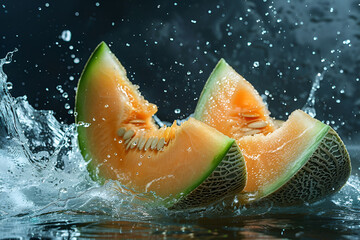 Wall Mural - Two slices of cantaloupe melon is splashing on water. The water is splashing around the cantaloupe, creating a sense of movement and energy. The image conveys a feeling of freshness and vitality. Gen