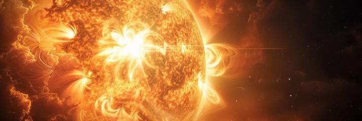 Poster - Intense solar flare with surrounding asteroids, showcasing the sun's magnetic activity and energy. A dramatic cosmic event captured in stunning detail. Ideal for educational and scientific purposes