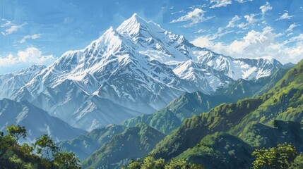 Wall Mural - The snowcapped peak of the Himalayas stands tall against the blue sky, surrounded by lush greenery and rugged mountainous terrain. The focus is on the face of the mountain in the