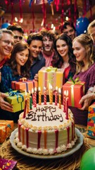 Wall Mural - A group of people standing around a birthday cake with presents, AI